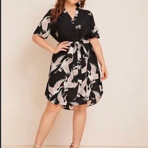 Shein Curve Navy Crane Pattern Tie Short Sleeve Plus Size Print Dress